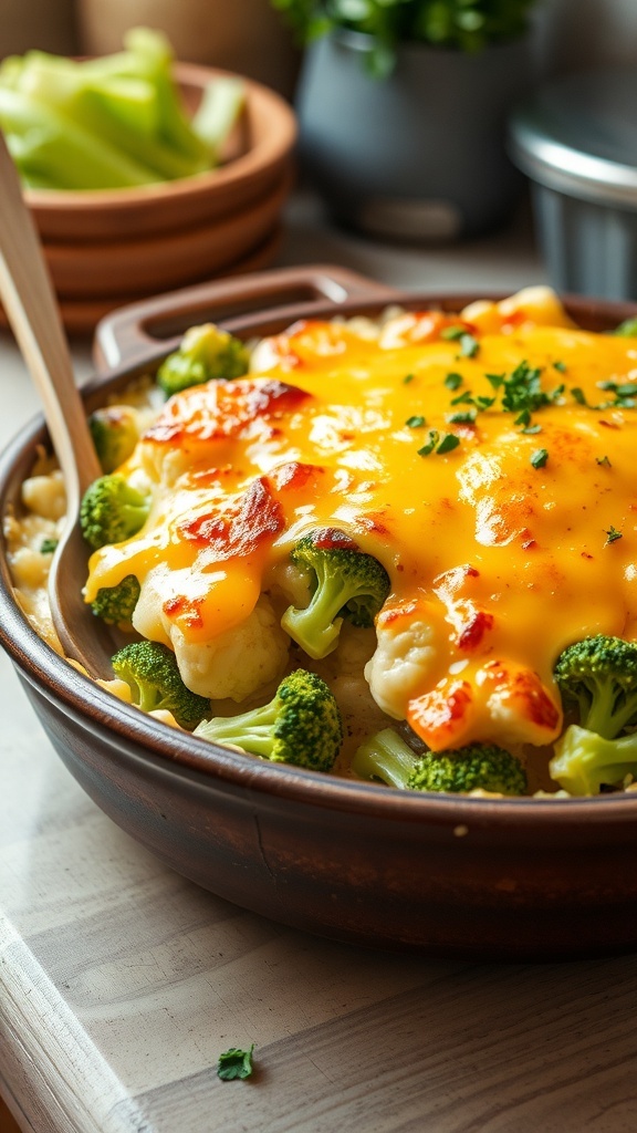 A cheesy cauliflower and broccoli casserole with a golden crust, served in a rustic dish.